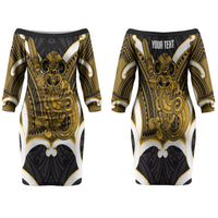 Kowhai Aotearoa Atua Tumatauenga Personalised Family Matching Off The Shoulder Long Sleeve Dress and Hawaiian Shirt Maori God Of War Tiki With Taiaha LT14 Mom's Dress Yellow - Polynesian Pride