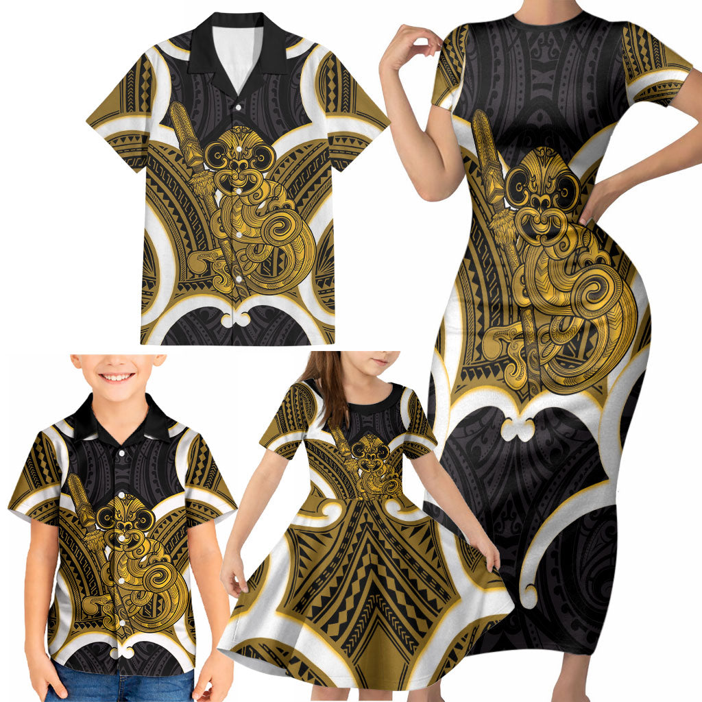 Kowhai Aotearoa Atua Tumatauenga Personalised Family Matching Short Sleeve Bodycon Dress and Hawaiian Shirt Maori God Of War Tiki With Taiaha