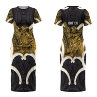 Kowhai Aotearoa Atua Tumatauenga Personalised Family Matching Short Sleeve Bodycon Dress and Hawaiian Shirt Maori God Of War Tiki With Taiaha