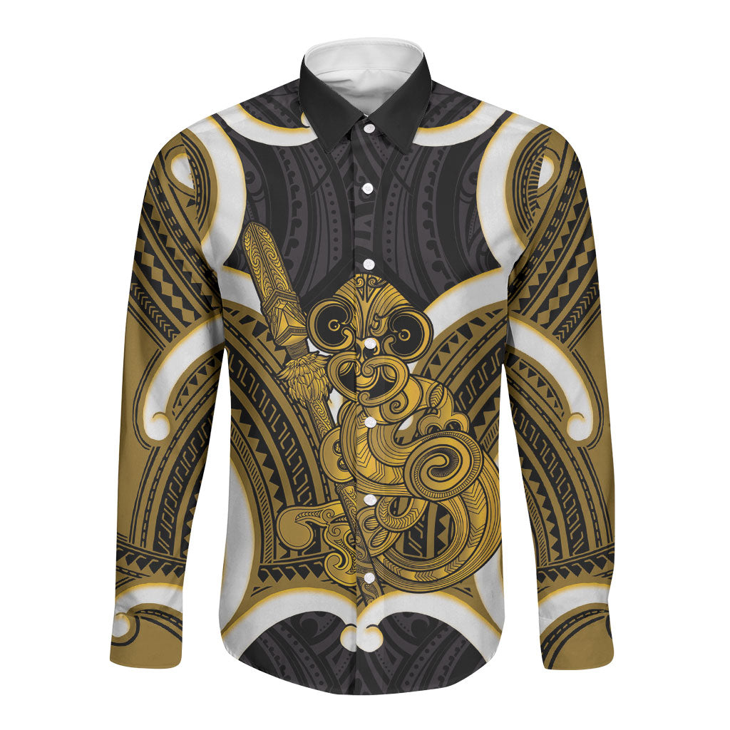Kowhai Aotearoa Atua Tumatauenga Personalised Long Sleeve Button Shirt Maori God Of War Tiki With Taiaha