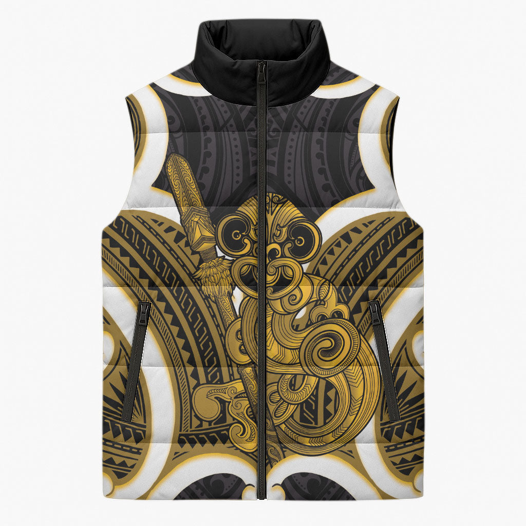 Kowhai Aotearoa Atua Tumatauenga Personalised Sleeveless Puffer Jacket Maori God Of War Tiki With Taiaha LT14 Unisex Yellow - Polynesian Pride