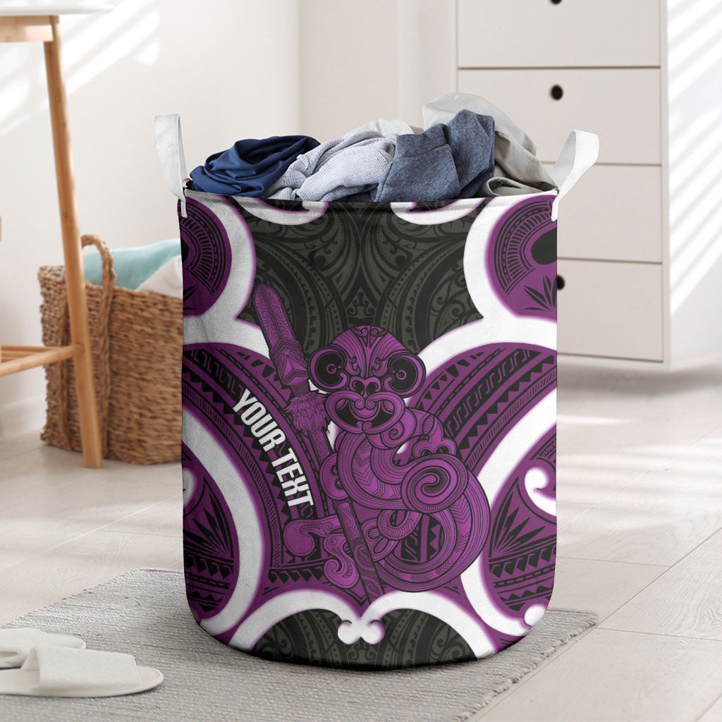 Waiporoporo Aotearoa Atua Tumatauenga Personalised Laundry Basket Maori God Of War Tiki With Taiaha LT14 Purple - Polynesian Pride