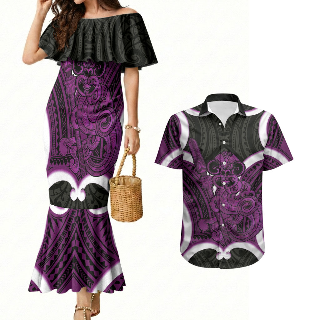 Waiporoporo Aotearoa Atua Tumatauenga Personalised Couples Matching Mermaid Dress and Hawaiian Shirt Maori God Of War Tiki With Taiaha LT14 Purple - Polynesian Pride