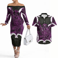 Waiporoporo Aotearoa Atua Tumatauenga Personalised Couples Matching Off The Shoulder Long Sleeve Dress and Hawaiian Shirt Maori God Of War Tiki With Taiaha LT14 Purple - Polynesian Pride