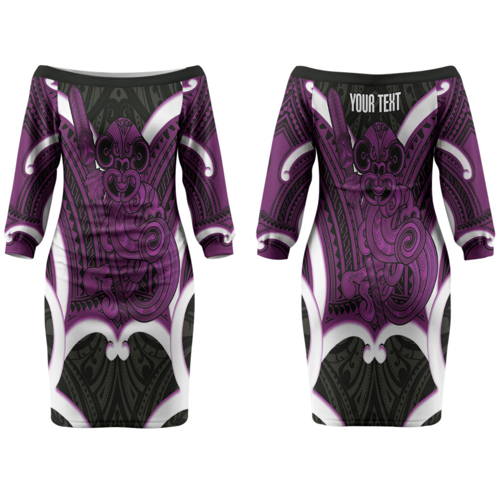 Waiporoporo Aotearoa Atua Tumatauenga Personalised Couples Matching Off The Shoulder Long Sleeve Dress and Hawaiian Shirt Maori God Of War Tiki With Taiaha LT14 - Polynesian Pride