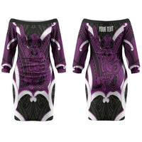 Waiporoporo Aotearoa Atua Tumatauenga Personalised Couples Matching Off The Shoulder Long Sleeve Dress and Hawaiian Shirt Maori God Of War Tiki With Taiaha LT14 - Polynesian Pride