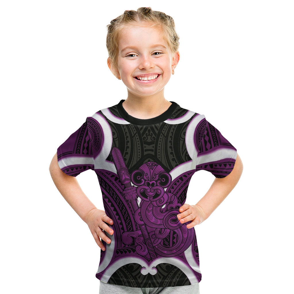 Waiporoporo Aotearoa Atua Tumatauenga Personalised Kid T Shirt Maori God Of War Tiki With Taiaha LT14 Purple - Polynesian Pride