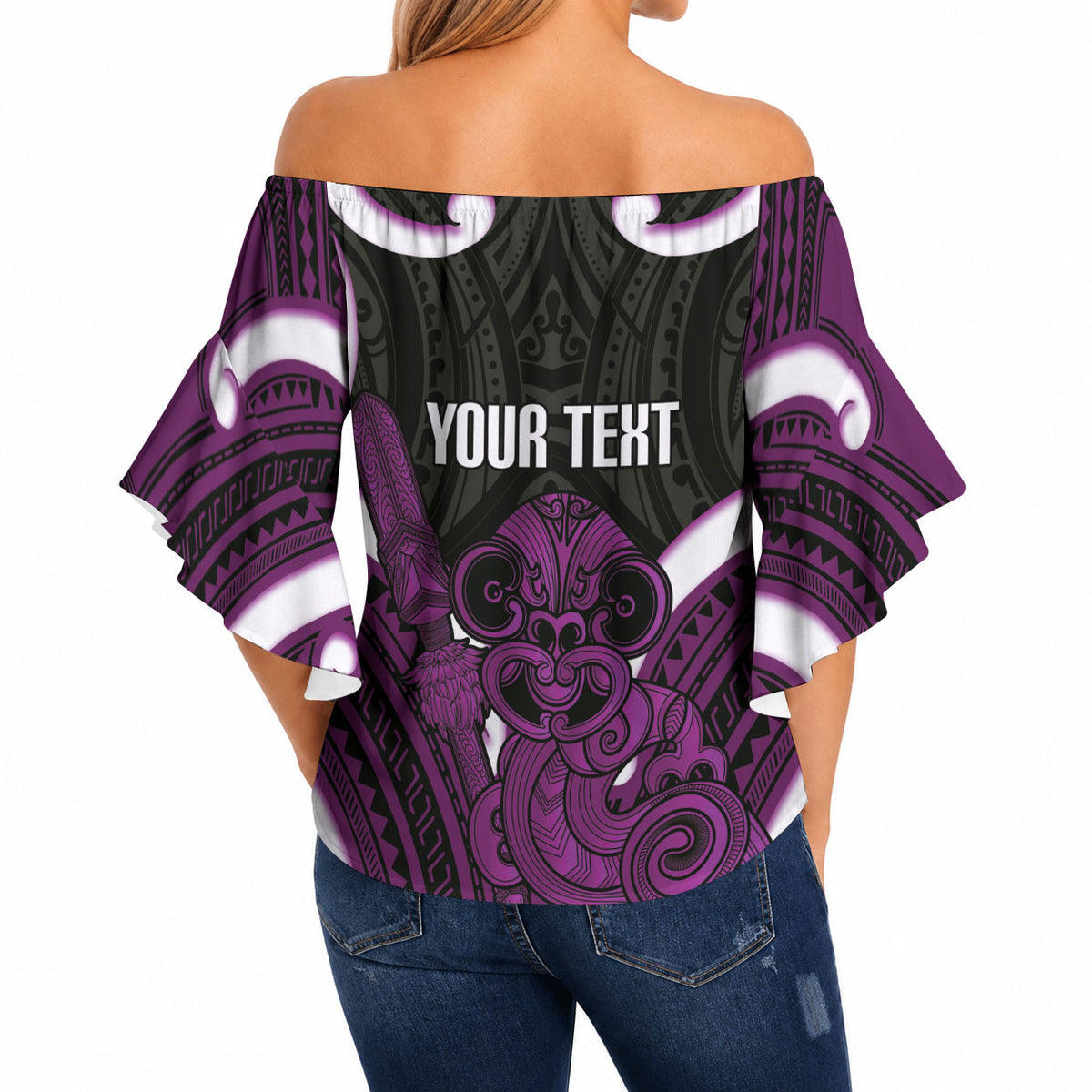 Waiporoporo Aotearoa Atua Tumatauenga Personalised Off Shoulder Wrap Waist Top Maori God Of War Tiki With Taiaha