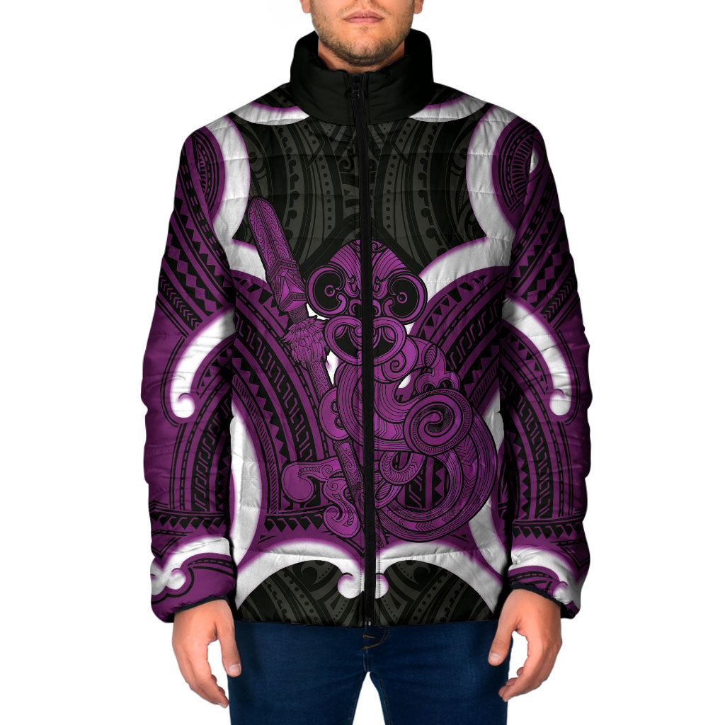 Waiporoporo Aotearoa Atua Tumatauenga Personalised Padded Jacket Maori God Of War Tiki With Taiaha LT14 Men Purple - Polynesian Pride
