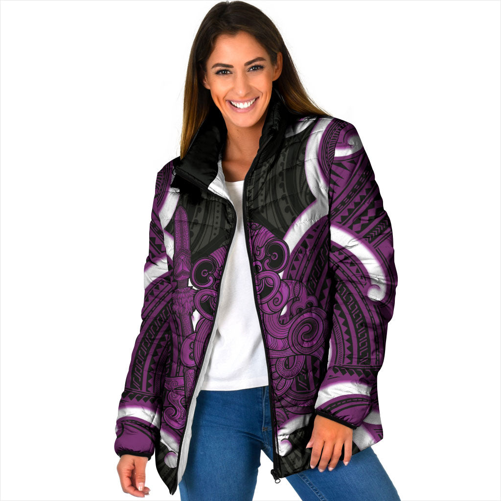 Waiporoporo Aotearoa Atua Tumatauenga Personalised Padded Jacket Maori God Of War Tiki With Taiaha LT14 Women Purple - Polynesian Pride