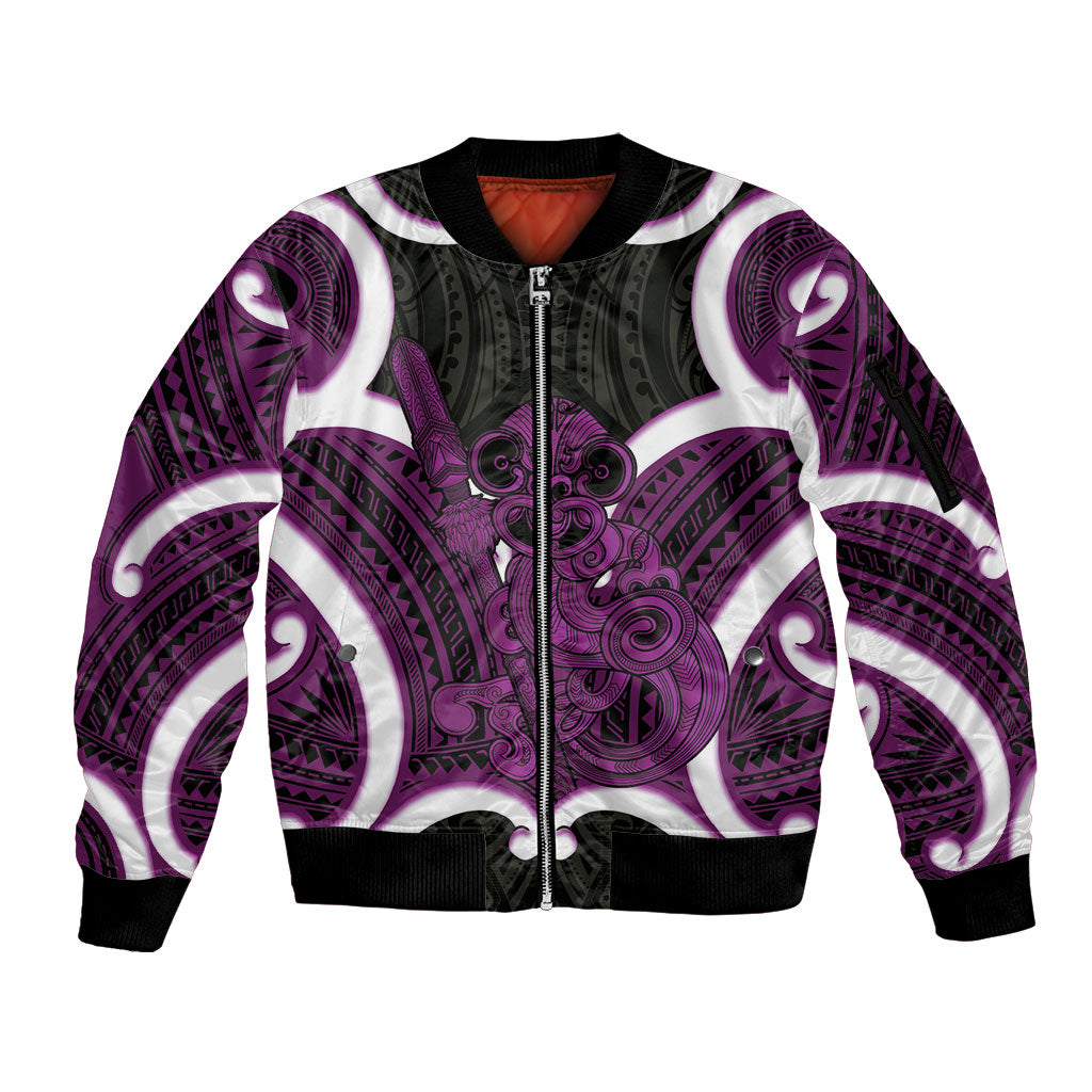 Waiporoporo Aotearoa Atua Tumatauenga Personalised Sleeve Zip Bomber Jacket Maori God Of War Tiki With Taiaha