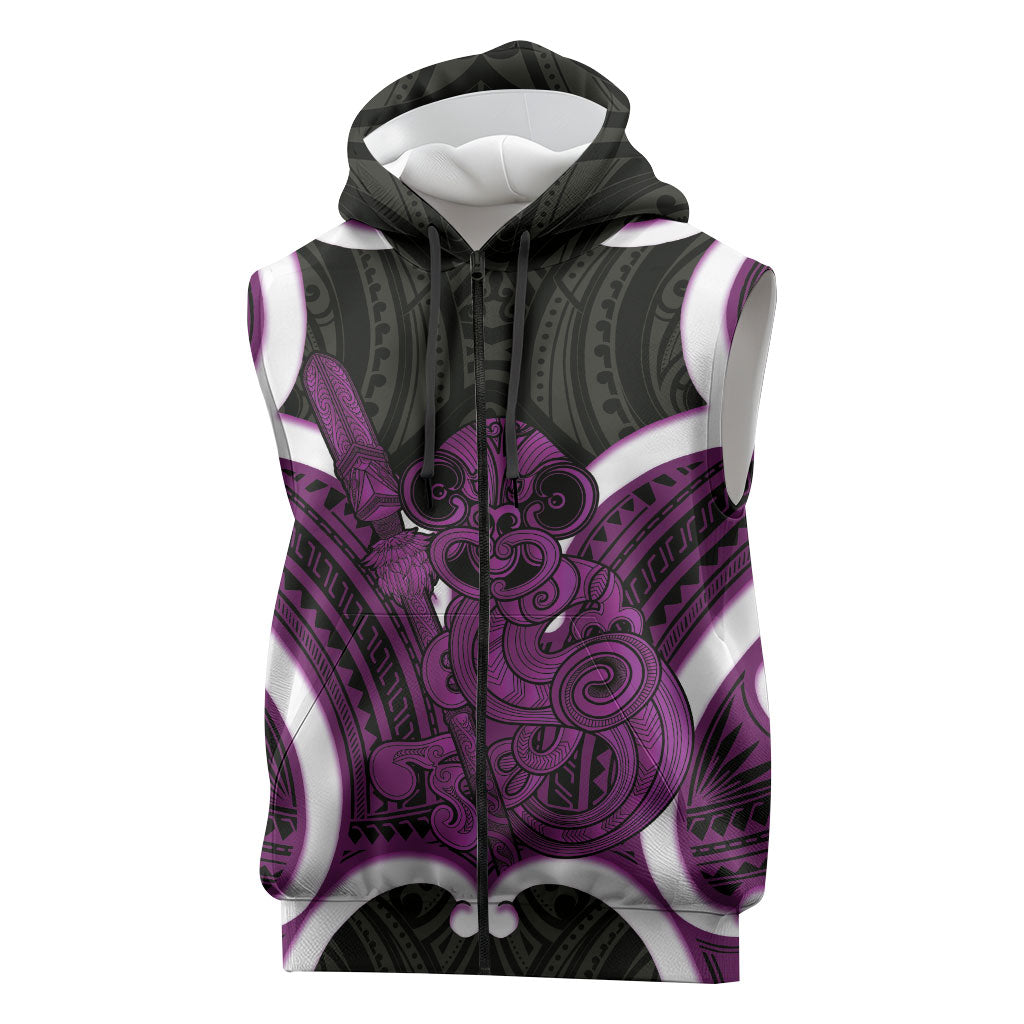Waiporoporo Aotearoa Atua Tumatauenga Personalised Sleeveless Zip Hoodie Maori God Of War Tiki With Taiaha