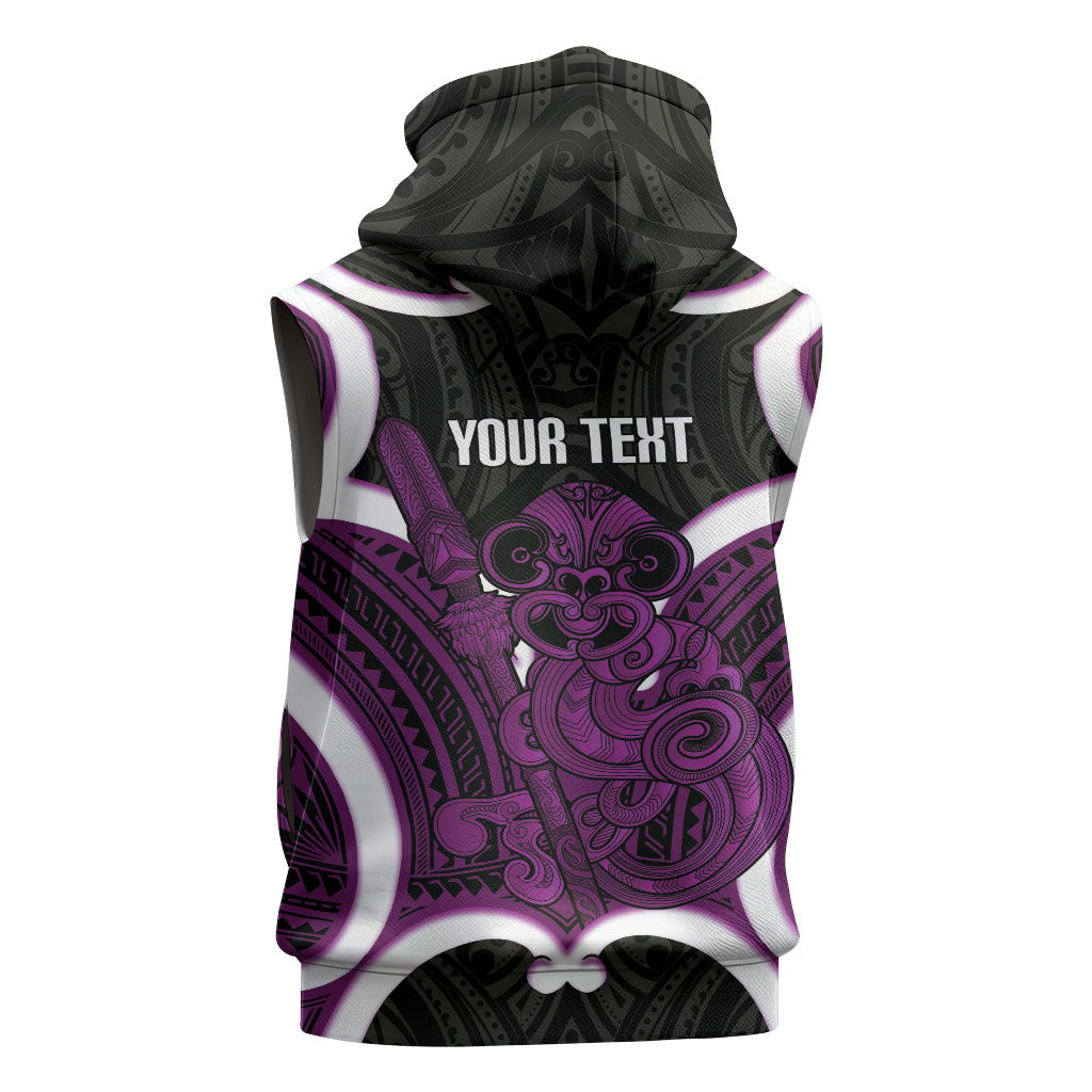 Waiporoporo Aotearoa Atua Tumatauenga Personalised Sleeveless Zip Hoodie Maori God Of War Tiki With Taiaha
