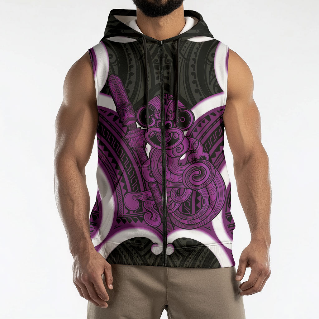 Waiporoporo Aotearoa Atua Tumatauenga Personalised Sleeveless Zip Hoodie Maori God Of War Tiki With Taiaha