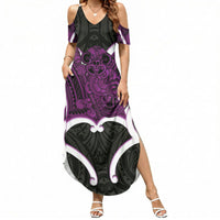 Waiporoporo Aotearoa Atua Tumatauenga Personalised Summer Maxi Dress Maori God Of War Tiki With Taiaha LT14 Women Purple - Polynesian Pride
