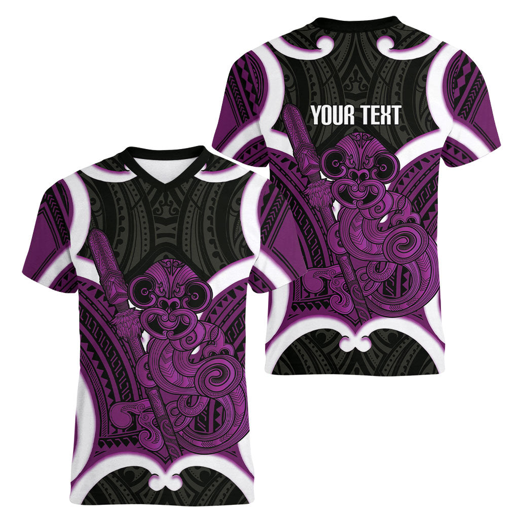 Waiporoporo Aotearoa Atua Tumatauenga Personalised Women V-Neck T-Shirt Maori God Of War Tiki With Taiaha LT14 - Polynesian Pride