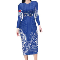 Custom Manu Samoa Rugby 2024 Family Matching Long Sleeve Bodycon Dress and Hawaiian Shirt Go Champions Samoan Tattoo LT14 Mom's Dress Blue - Polynesian Pride