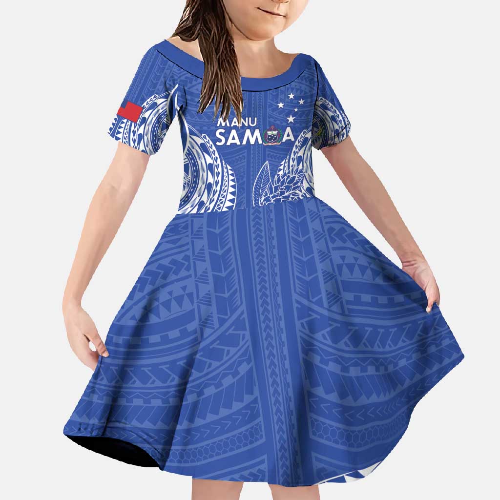 Custom Manu Samoa Rugby 2024 Family Matching Mermaid Dress and Hawaiian Shirt Go Champions Samoan Tattoo LT14 Daughter's Dress Blue - Polynesian Pride