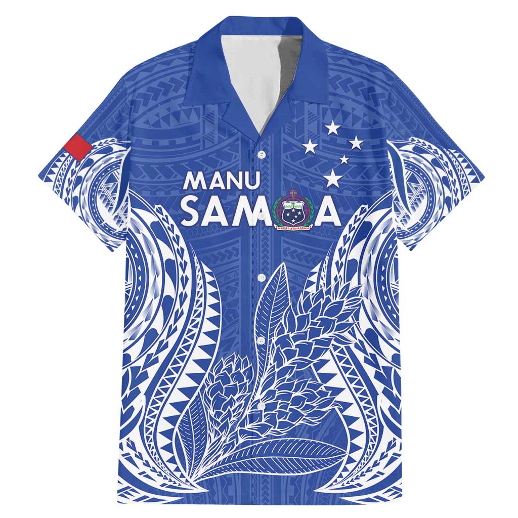 Custom Manu Samoa Rugby 2024 Family Matching Mermaid Dress and Hawaiian Shirt Go Champions Samoan Tattoo LT14 Dad's Shirt - Short Sleeve Blue - Polynesian Pride