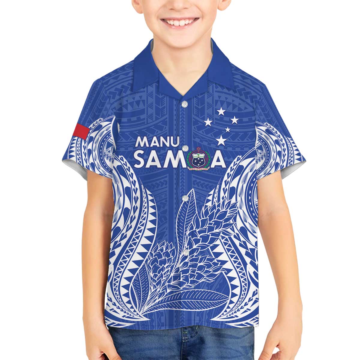 Custom Manu Samoa Rugby 2024 Family Matching Off The Shoulder Long Sleeve Dress and Hawaiian Shirt Go Champions Samoan Tattoo LT14 Son's Shirt Blue - Polynesian Pride