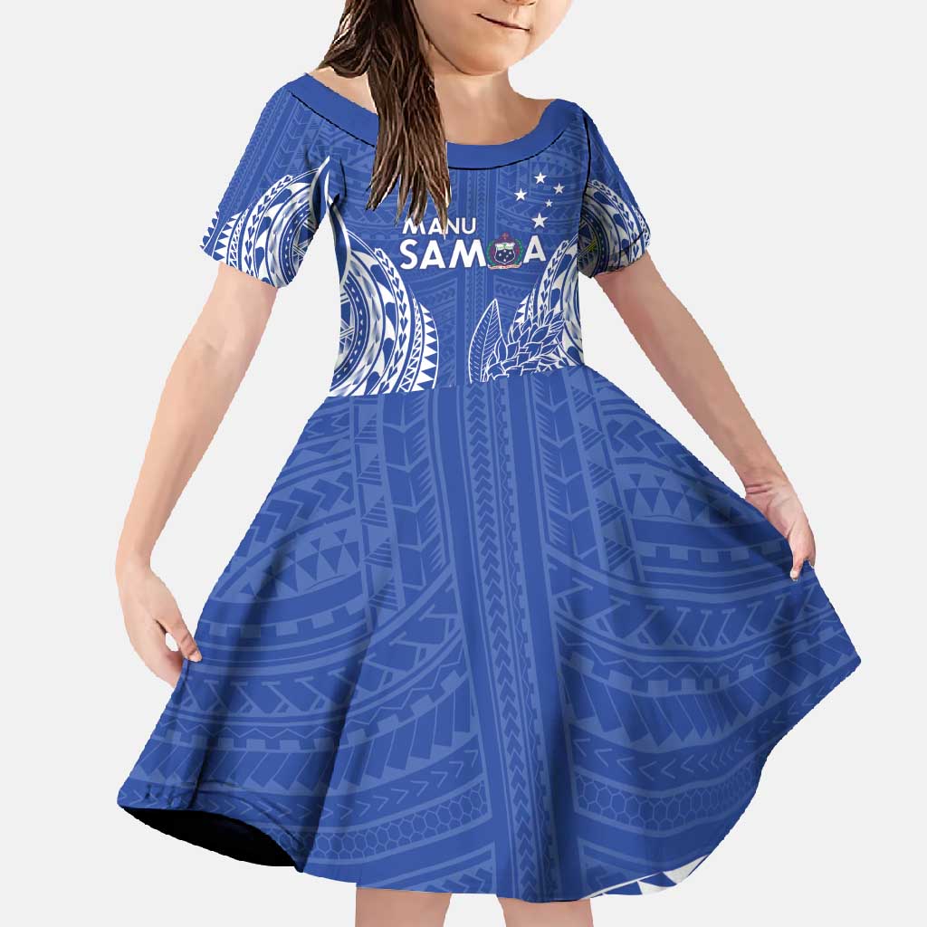 Custom Manu Samoa Rugby 2024 Family Matching Off Shoulder Maxi Dress and Hawaiian Shirt Go Champions Samoan Tattoo LT14 Daughter's Dress Blue - Polynesian Pride