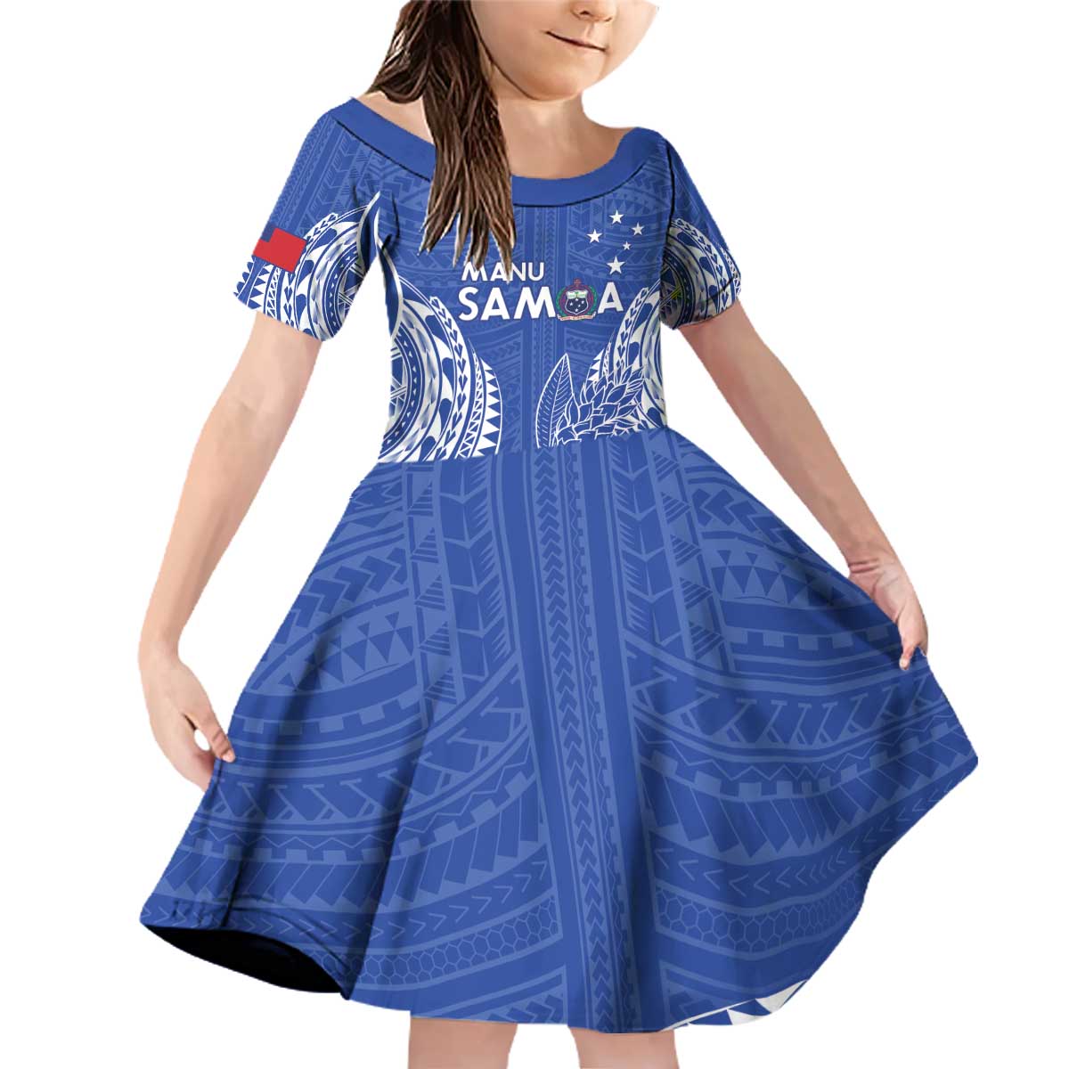 Custom Manu Samoa Rugby 2024 Family Matching Off Shoulder Short Dress and Hawaiian Shirt Go Champions Samoan Tattoo LT14 Daughter's Dress Blue - Polynesian Pride