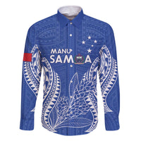 Custom Manu Samoa Rugby 2024 Family Matching Off Shoulder Short Dress and Hawaiian Shirt Go Champions Samoan Tattoo LT14 Dad's Shirt - Long Sleeve Blue - Polynesian Pride