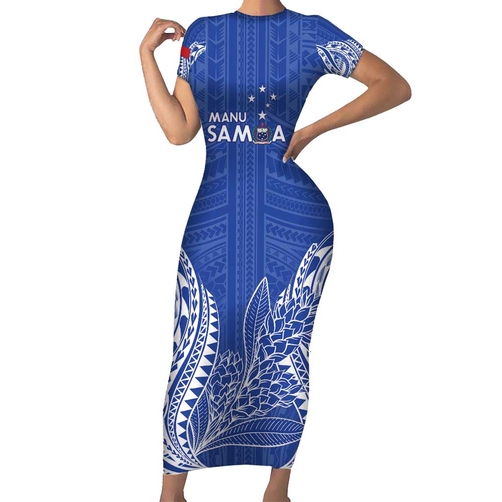 Custom Manu Samoa Rugby 2024 Family Matching Short Sleeve Bodycon Dress and Hawaiian Shirt Go Champions Samoan Tattoo LT14 Mom's Dress Blue - Polynesian Pride