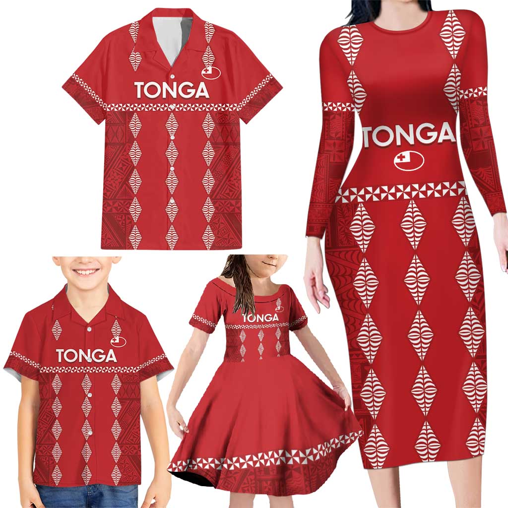 Custom Tonga Rugby 2024 Family Matching Long Sleeve Bodycon Dress and Hawaiian Shirt Go Champions Ikale Tahi Ngatu Pattern LT14 - Polynesian Pride