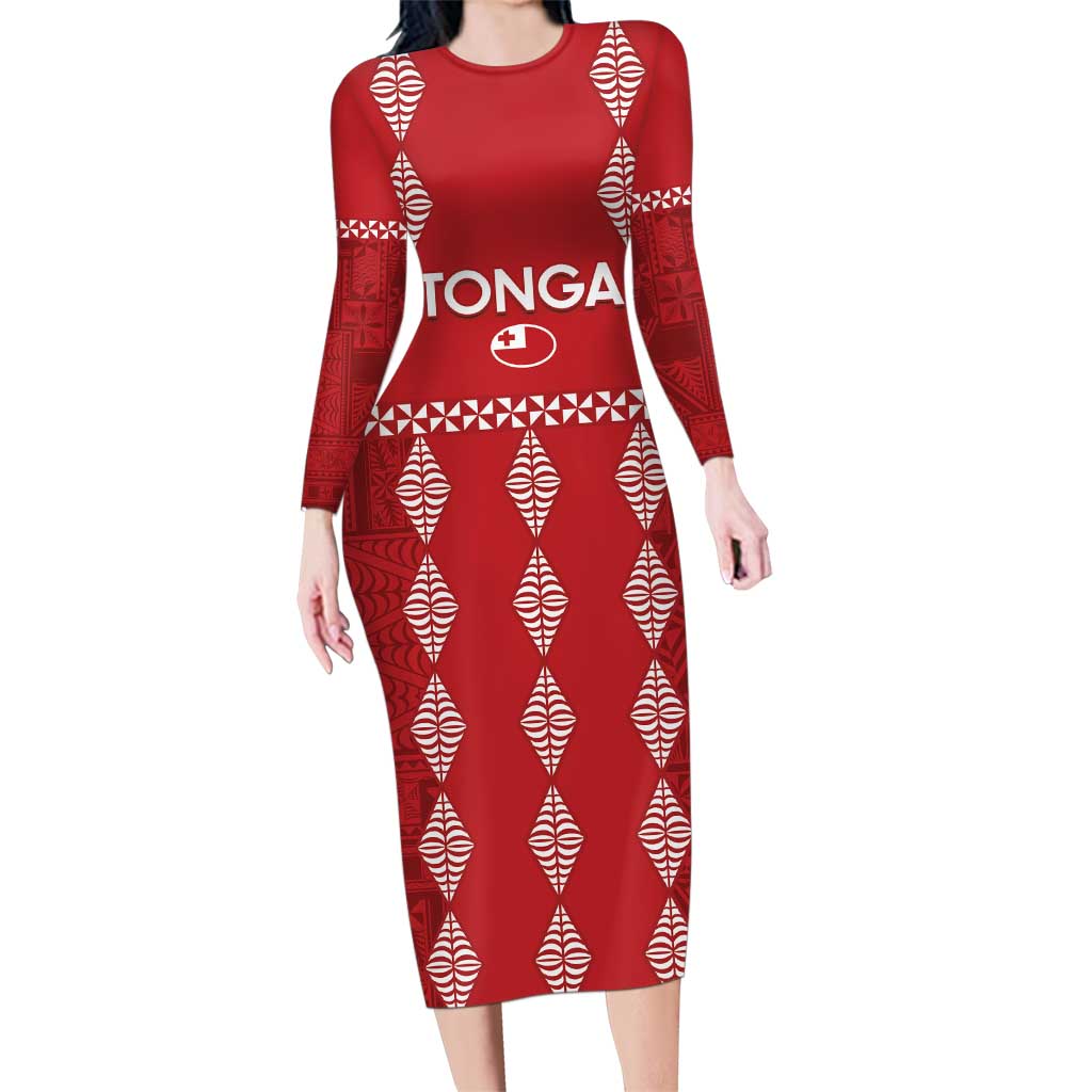 Custom Tonga Rugby 2024 Family Matching Long Sleeve Bodycon Dress and Hawaiian Shirt Go Champions Ikale Tahi Ngatu Pattern LT14 Mom's Dress Red - Polynesian Pride