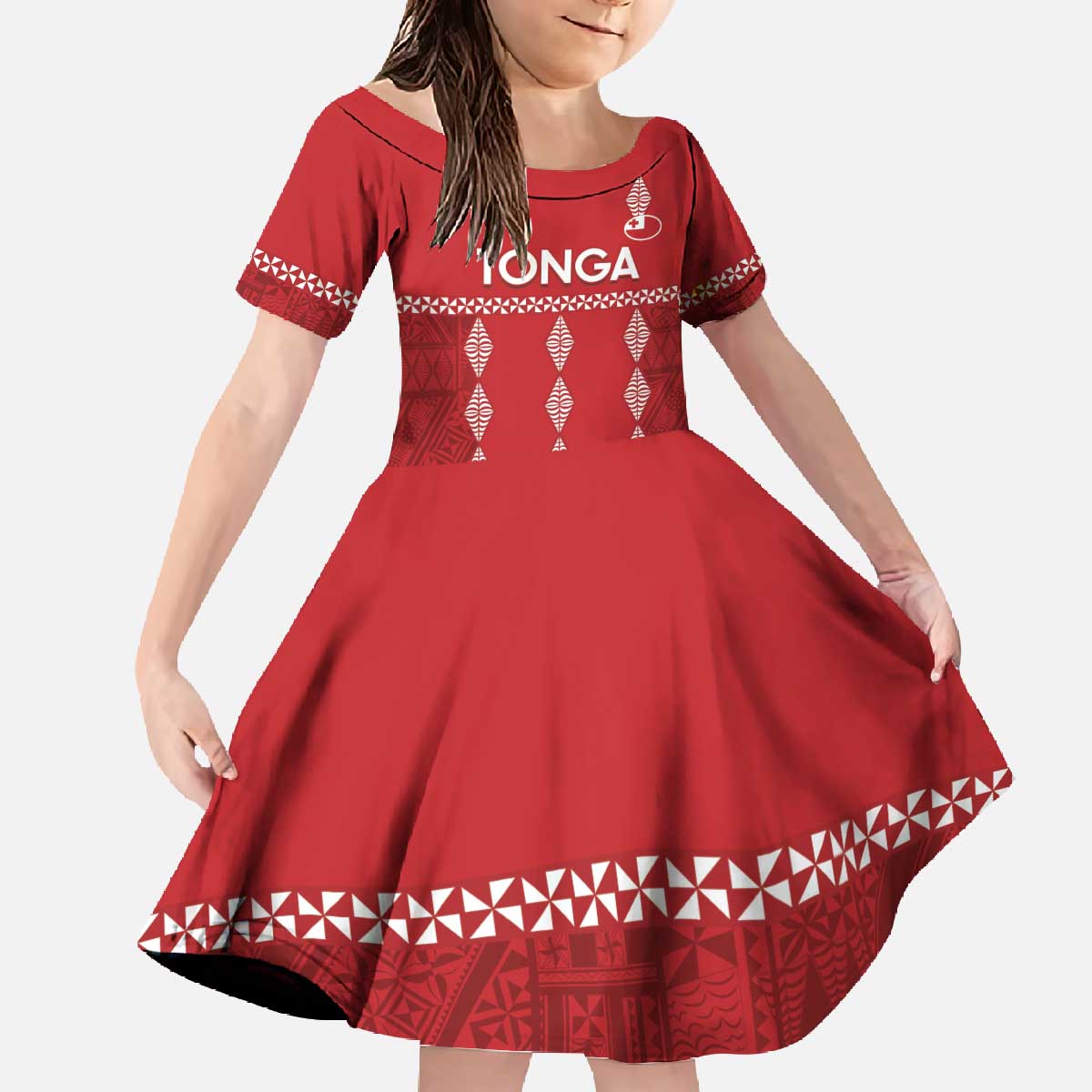 Custom Tonga Rugby 2024 Family Matching Off The Shoulder Long Sleeve Dress and Hawaiian Shirt Go Champions Ikale Tahi Ngatu Pattern LT14 Daughter's Dress Red - Polynesian Pride