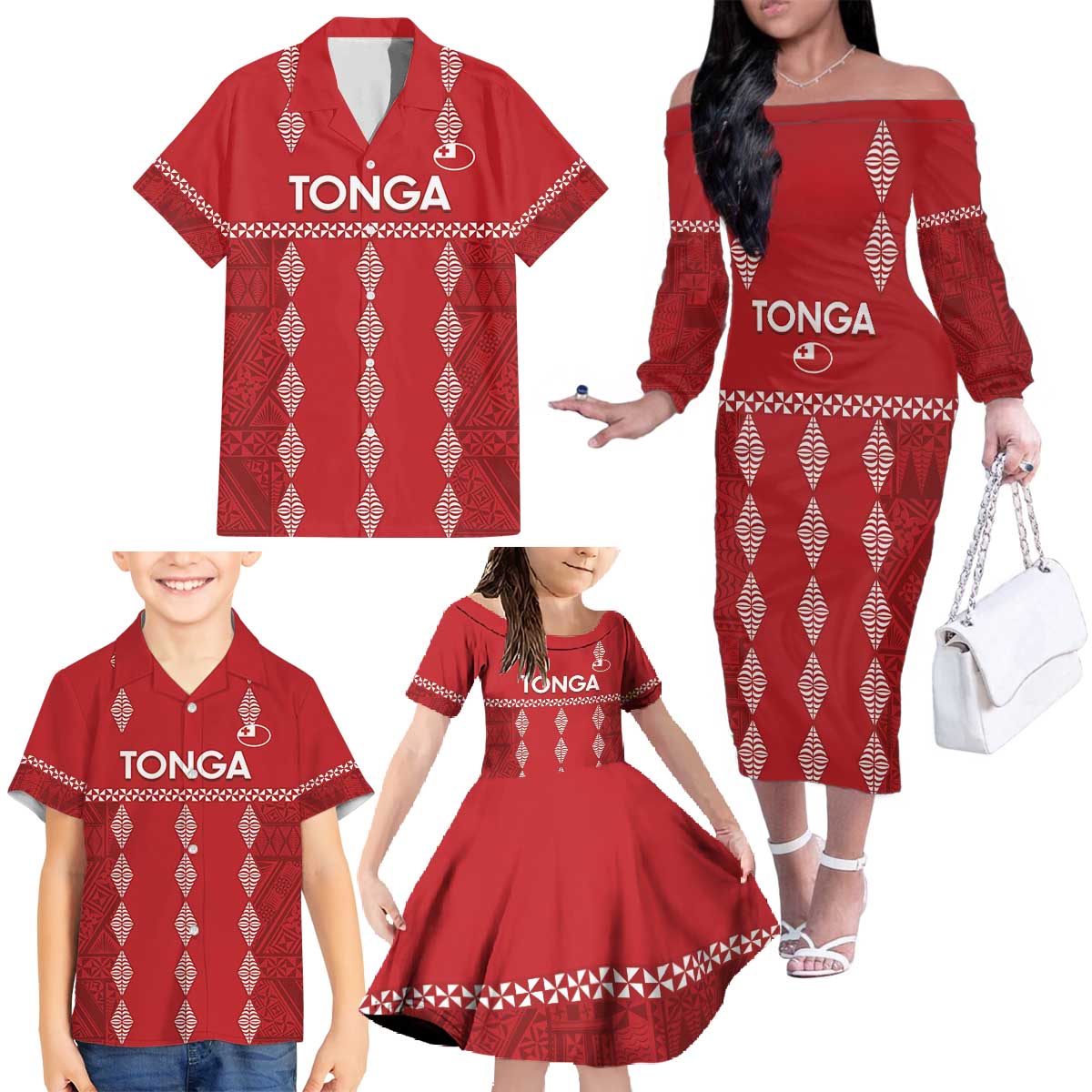 Custom Tonga Rugby 2024 Family Matching Off The Shoulder Long Sleeve Dress and Hawaiian Shirt Go Champions Ikale Tahi Ngatu Pattern LT14 - Polynesian Pride