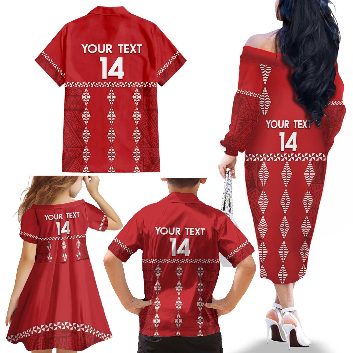 Custom Tonga Rugby 2024 Family Matching Off The Shoulder Long Sleeve Dress and Hawaiian Shirt Go Champions Ikale Tahi Ngatu Pattern LT14 - Polynesian Pride