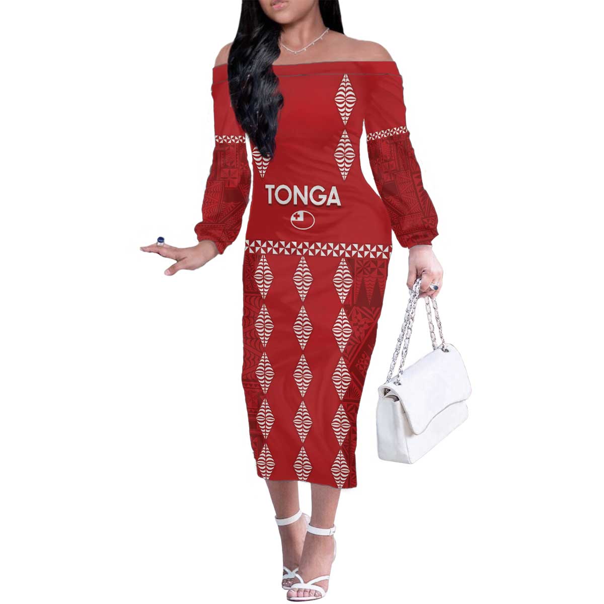 Custom Tonga Rugby 2024 Family Matching Off The Shoulder Long Sleeve Dress and Hawaiian Shirt Go Champions Ikale Tahi Ngatu Pattern LT14 Mom's Dress Red - Polynesian Pride