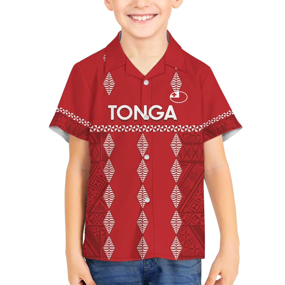 Custom Tonga Rugby 2024 Family Matching Off The Shoulder Long Sleeve Dress and Hawaiian Shirt Go Champions Ikale Tahi Ngatu Pattern LT14 Son's Shirt Red - Polynesian Pride