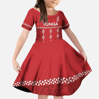 Custom Tonga Rugby 2024 Family Matching Short Sleeve Bodycon Dress and Hawaiian Shirt Go Champions Ikale Tahi Ngatu Pattern LT14 Daughter's Dress Red - Polynesian Pride