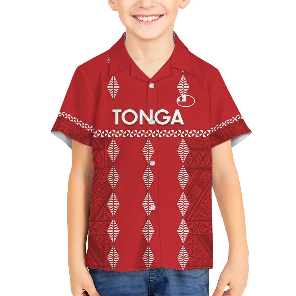 Custom Tonga Rugby 2024 Family Matching Short Sleeve Bodycon Dress and Hawaiian Shirt Go Champions Ikale Tahi Ngatu Pattern LT14 Son's Shirt Red - Polynesian Pride