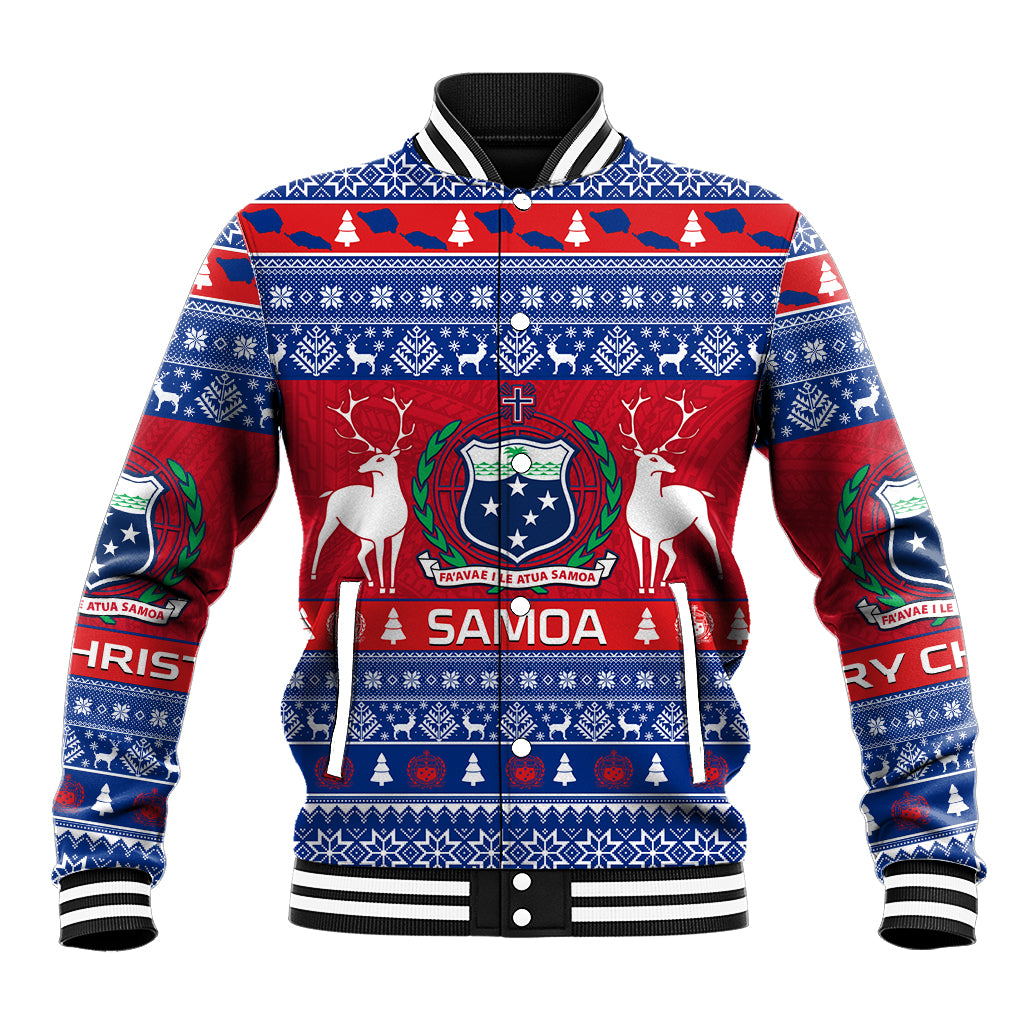 Personalised Samoa Christmas Baseball Jacket Samoan Coat Of Arms Manuia Le Kirisimas LT14 Unisex Blue - Polynesian Pride