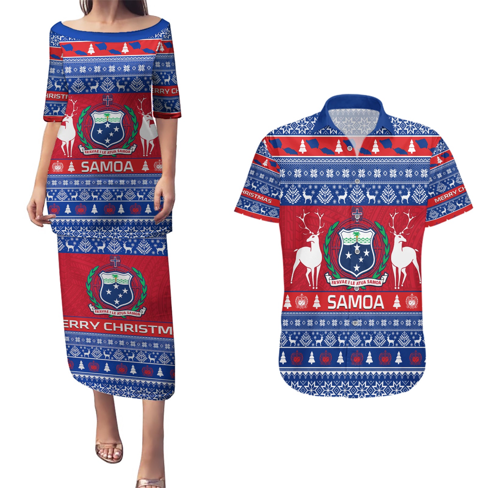 Personalised Samoa Christmas Couples Matching Puletasi Dress and Hawaiian Shirt Samoan Coat Of Arms Manuia Le Kirisimas LT14 Blue - Polynesian Pride