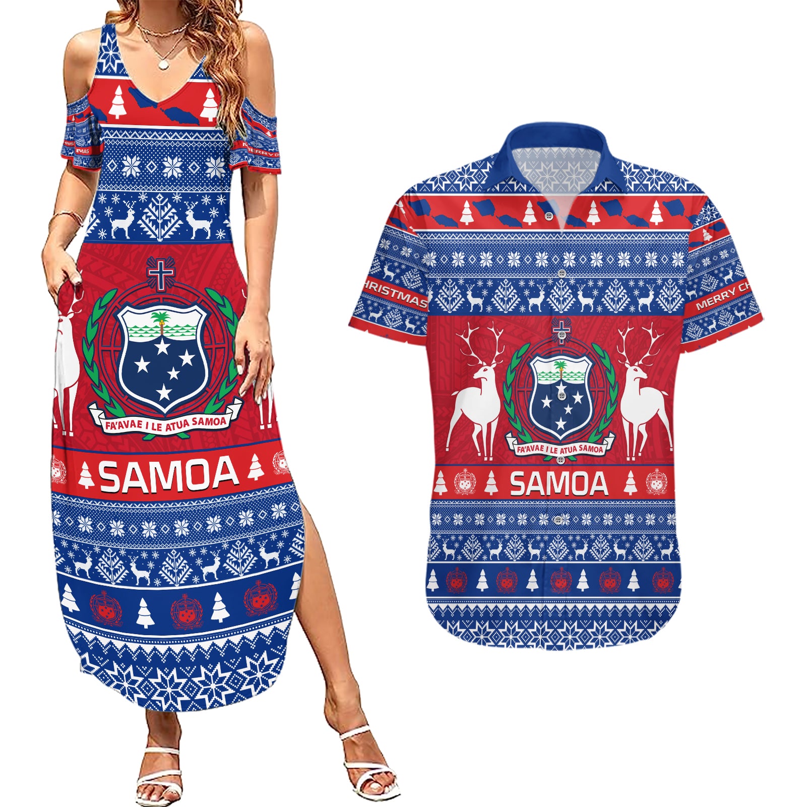 Personalised Samoa Christmas Couples Matching Summer Maxi Dress and Hawaiian Shirt Samoan Coat Of Arms Manuia Le Kirisimas LT14 Blue - Polynesian Pride