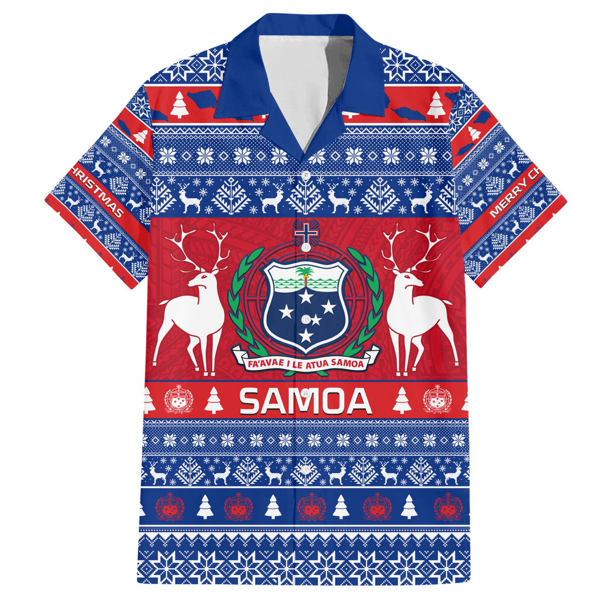 Personalised Samoa Christmas Family Matching Short Sleeve Bodycon Dress and Hawaiian Shirt Samoan Coat Of Arms Manuia Le Kirisimas LT14 Dad's Shirt - Short Sleeve Blue - Polynesian Pride