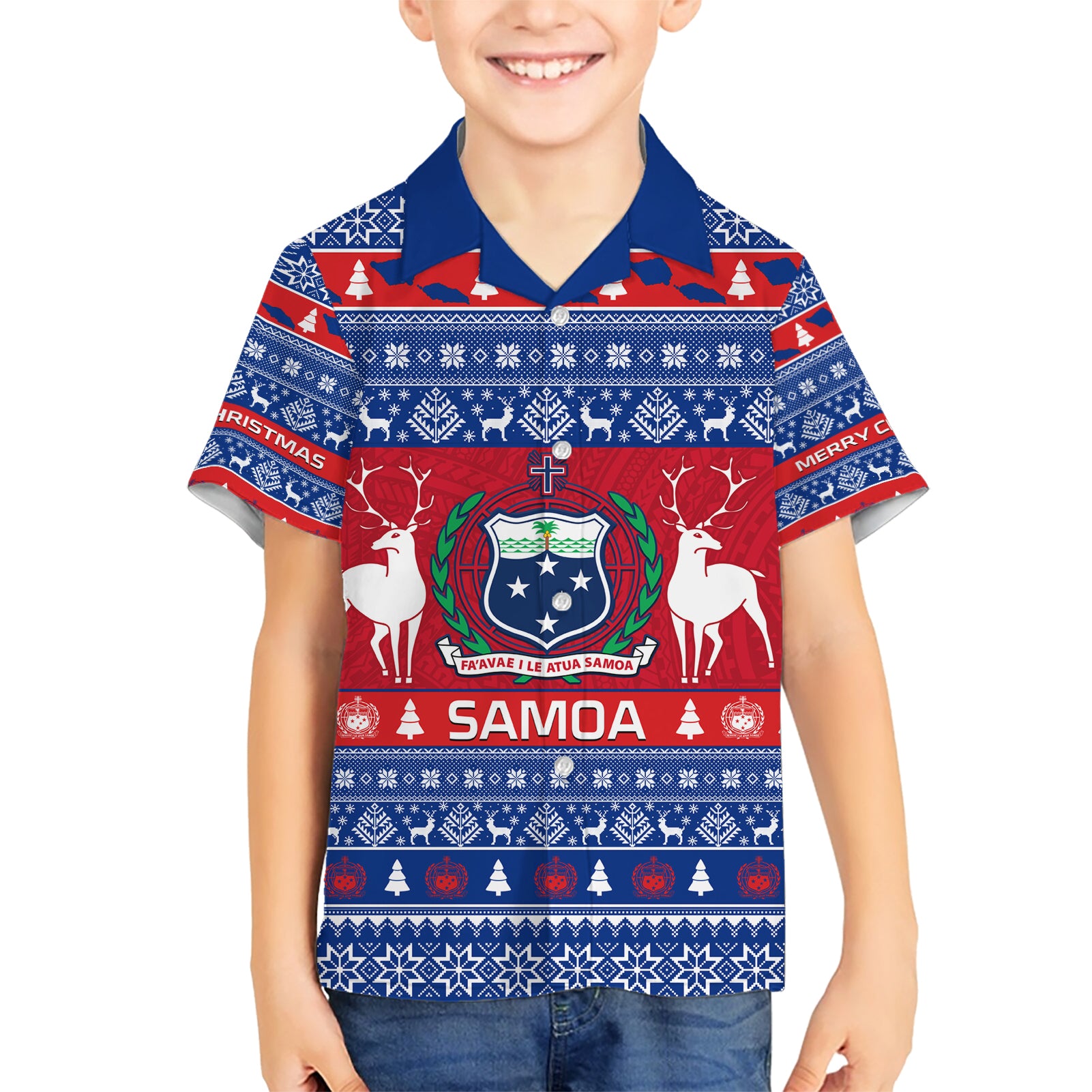 Personalised Samoa Christmas Kid Hawaiian Shirt Samoan Coat Of Arms Manuia Le Kirisimas LT14 Kid Blue - Polynesian Pride