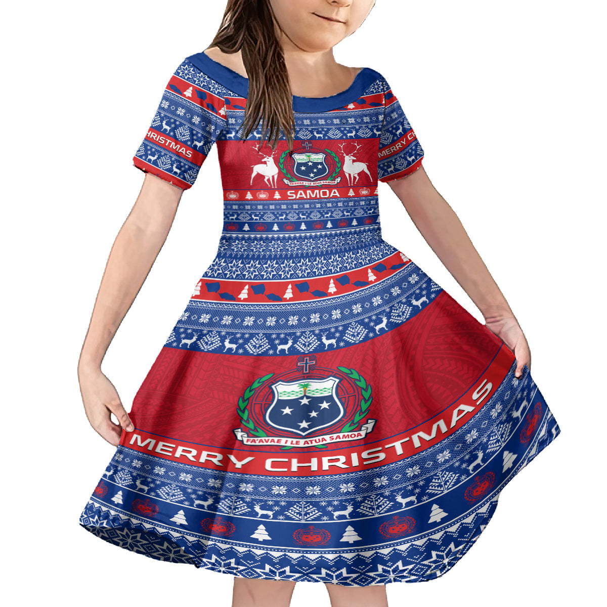 Personalised Samoa Christmas Kid Short Sleeve Dress Samoan Coat Of Arms Manuia Le Kirisimas LT14 KID Blue - Polynesian Pride