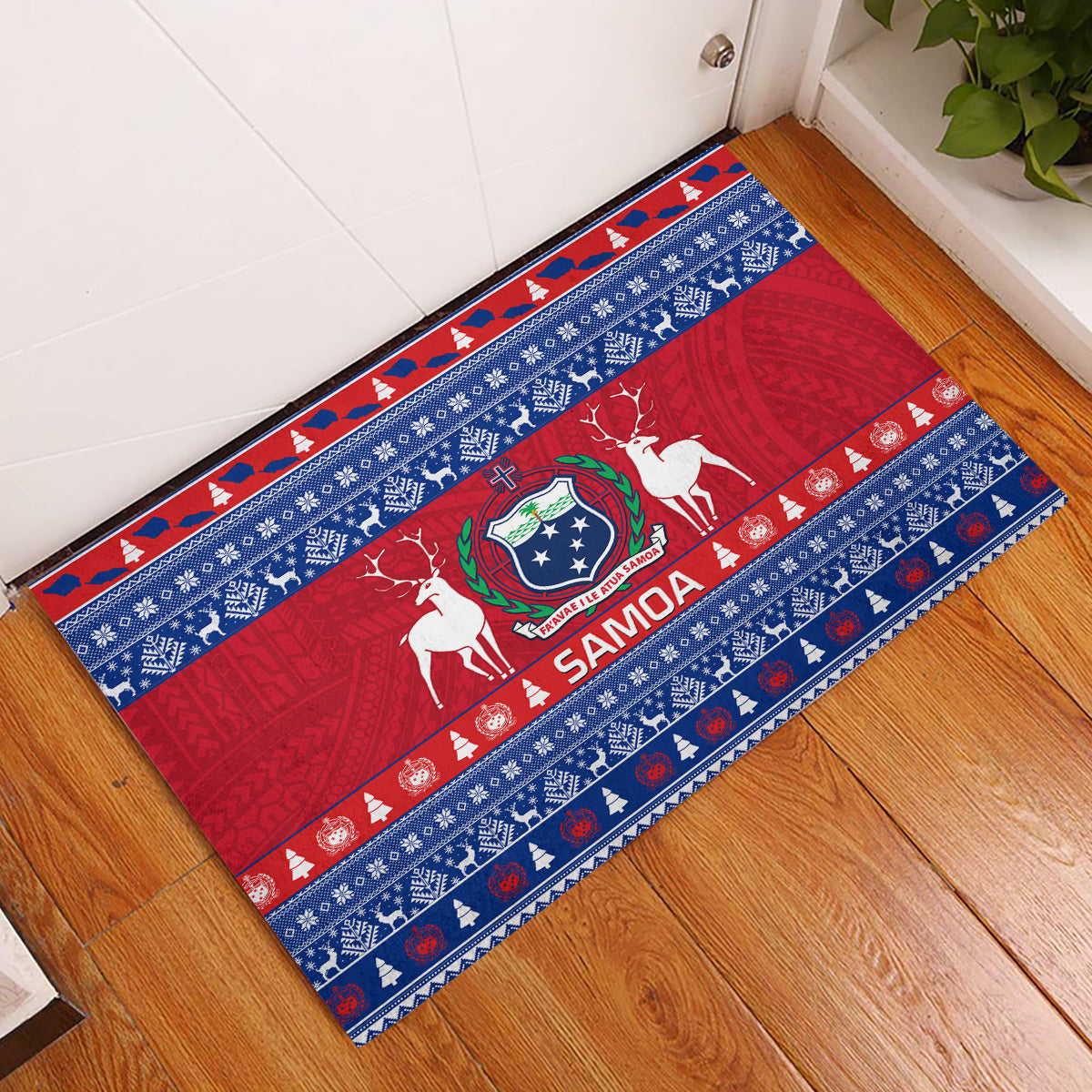 Personalised Samoa Christmas Rubber Doormat Samoan Coat Of Arms Manuia Le Kirisimas LT14 Blue - Polynesian Pride