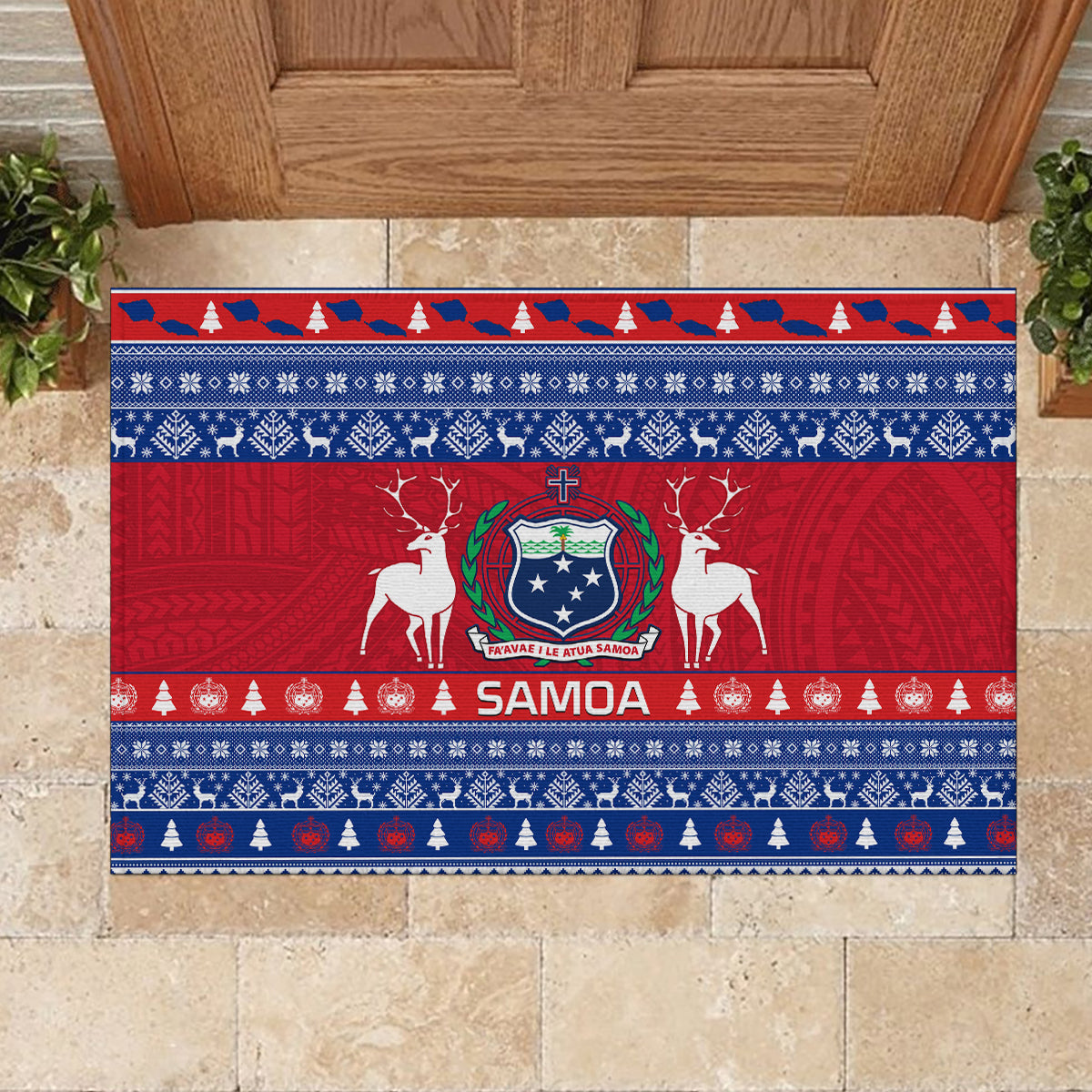 Personalised Samoa Christmas Rubber Doormat Samoan Coat Of Arms Manuia Le Kirisimas LT14 - Polynesian Pride