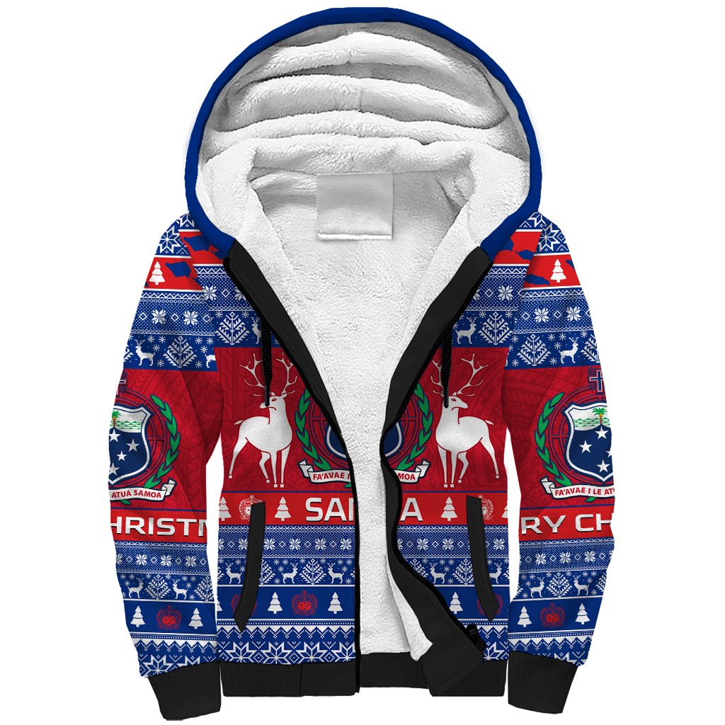Personalised Samoa Christmas Sherpa Hoodie Samoan Coat Of Arms Manuia Le Kirisimas LT14 Unisex Blue - Polynesian Pride