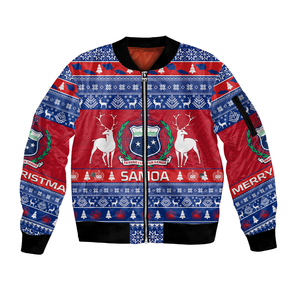 Personalised Samoa Christmas Sleeve Zip Bomber Jacket Samoan Coat Of Arms Manuia Le Kirisimas LT14 Unisex Blue - Polynesian Pride