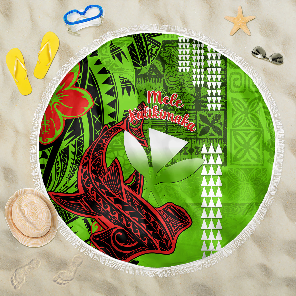 Personalised Hawaii Christmas Beach Blanket Mele Kalikimaka Kakau Polynesian Shark Tattoo LT14 One Size 150cm Green - Wonder Print Shop