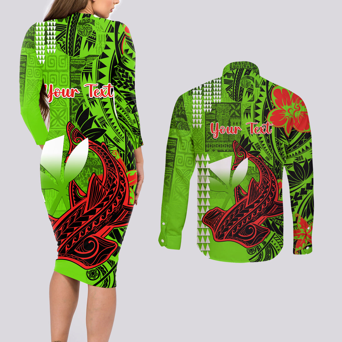 Personalised Hawaii Christmas Couples Matching Long Sleeve Bodycon Dress and Long Sleeve Button Shirts Mele Kalikimaka Kakau Polynesian Shark Tattoo LT14 - Polynesian Pride