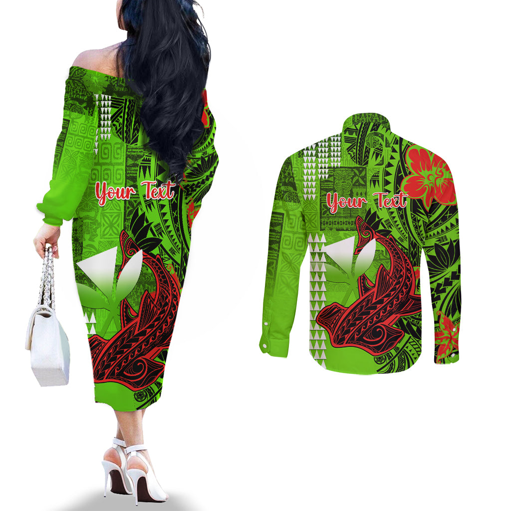 Personalised Hawaii Christmas Couples Matching Off The Shoulder Long Sleeve Dress and Long Sleeve Button Shirts Mele Kalikimaka Kakau Polynesian Shark Tattoo LT14 - Polynesian Pride
